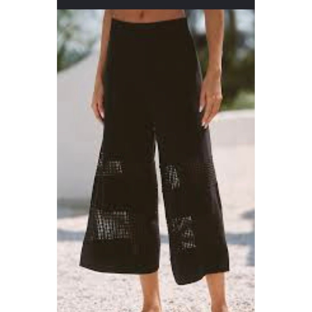Celandine Black Knit Culotte Pants Mesh Crochet Panel Wide Leg Size  M